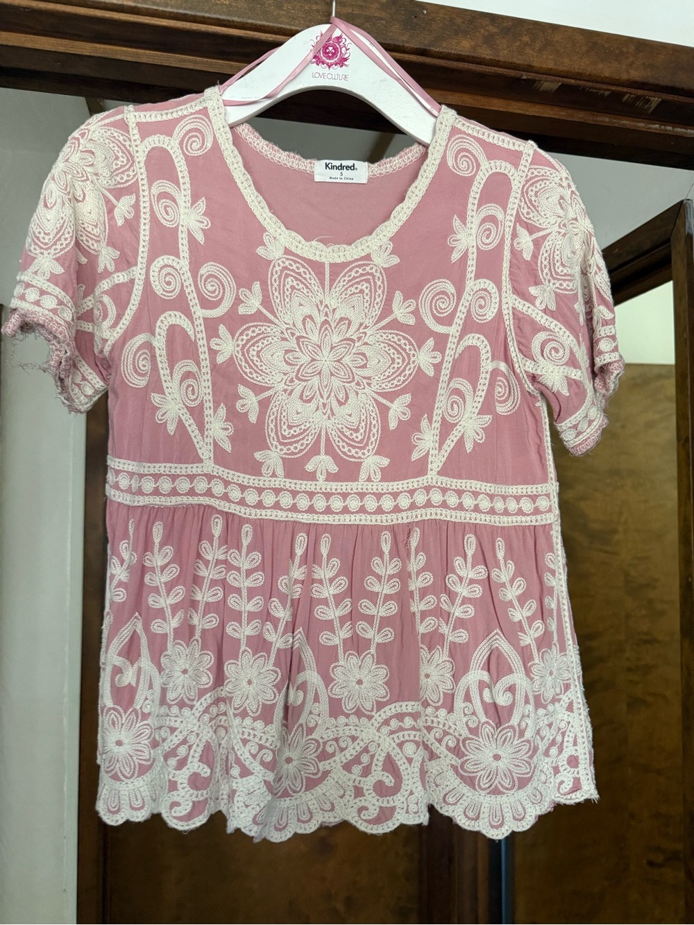 Kindred Bravely Rose Pink Crochet-Trim Embroidered Peasant Blouse